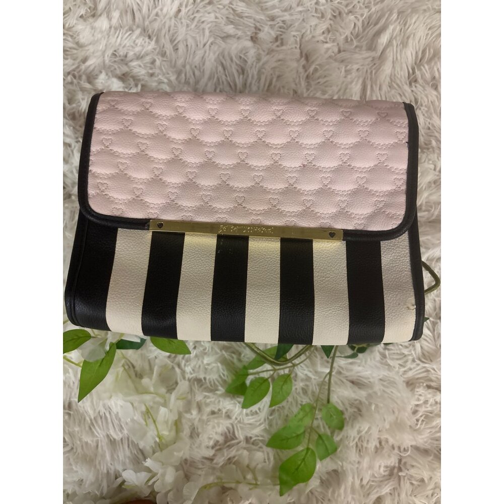 Betsey Johnson Pink Quilted & Black/White Striped Clutch With Bold Pink Lining